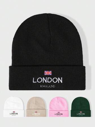 1 st. broderad stickad mössa med texten "LONDON", Y2K-stil, avslappnad och mångsidig vintermössa för unisexbruk. Lämplig för streetwear, utomhusbruk och pendling.