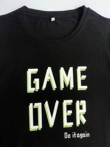 [Comodidad nocturna] Conjunto de pijama casual para hombres con estampado "GAME OVER" - Camiseta de cuello redondo y pantalones cortos negros, con estampado de control de juegos, lavable a máquina - Negro - Ver 5