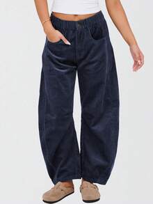 Women's Corduroy Pants Barrel Mid-Rise Elastic Waist Cord Pants Casual Wide Leg Baggy Trouser With Pockets - 藏蓝色 - 查看 5