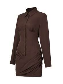 Gaun Mini Wanita Elegan Musim Semi dan Gugur, Berkerah, Lengan Panjang, Kancing Depan, Korset, Pinggang Berkerut, Cocok untuk Kantor, Perjalanan Sehari-hari, Pesta Koktail, Klub Malam - Coklat - View 6