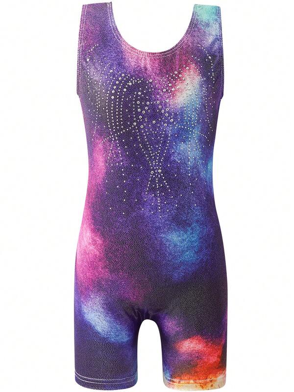 Young Girl Gymnastics Leotard, Young Girl Sleeveless Tie-Dye Rhinestone Print Bodysuit