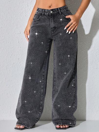 低腰阔腿休闲蓝色牛仔裤，带斜插口袋和串珠装饰