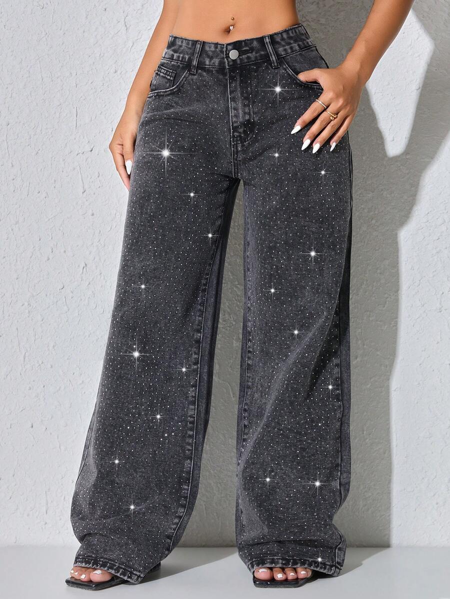 Pantalones vaqueros azules de tiro bajo y pierna ancha, con bolsillos en sesgo y adornos de cuentas, para vacaciones de primavera - Negro - Ver 1