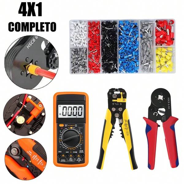 Kit de Ferramentas Profissionais para Eletricista | Multímetro Digital + Alicate Desencapador + Alicate de Crimpagem + 1200 Terminais | Preciso e Duradouro para Instalações Elétricas, Reparos e Manutenções Domésticas/Comerciais