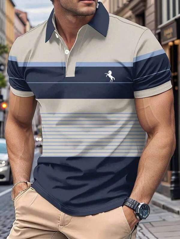 Men's Casual Striped Print Short Sleeve Polo Shirt