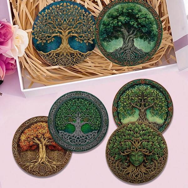 4 pièces / 6 pièces / 300 pièces Dessous de verre en boue de diatomées imprimés avec motif arbre de vie, conviennent pour la décoration de la maison, les cafés, le thé de l'après-midi, la décoration de restaurant, les fêtes à thème, la décoration quotidienne, et peuvent également être offerts en cadeau