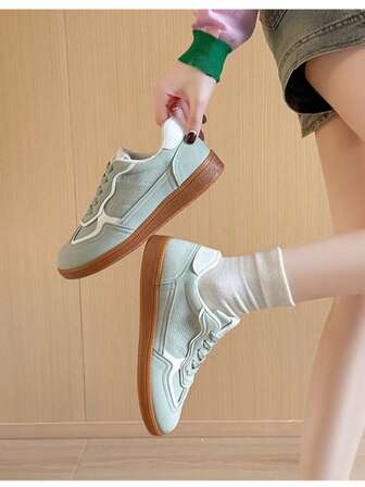 Casual Versatile Women's Sneakers, Geometric Pattern Sports PU Leather Lace-Up Patchwork Shoes, Suitable For Home & All Seasons