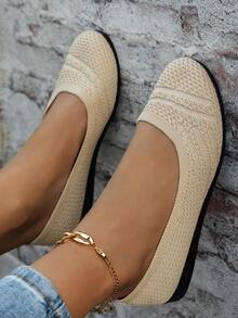Women's Flat Casual Knit Shoes, Comfortable Breathable Athletic Sneakers, Slip-On Solid Color Loafers, Work Shoes, Suitable For Mothers - Beige - View 3