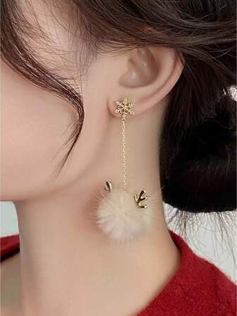 一对优雅的锌合金雪花驯鹿角毛绒球耳环，适合女性日常佩戴、圣诞节和新年礼物、节日派对。