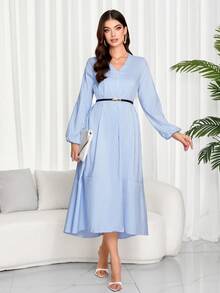 女士休闲条纹V领灯笼袖连衣裙，秋季穿搭，节日盛装