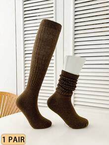 1双女士羊毛加厚保暖袜，纯色简约设计过膝袜，冬季保暖舒适袜