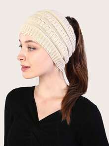 Casual Ponytail Knit Beanie Hat, Suitable For Winter - Beige - View 2