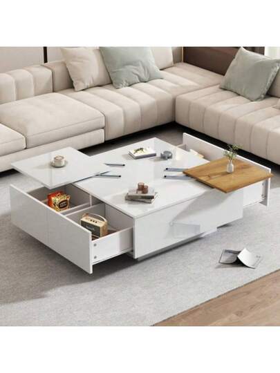 Moderne High Gloss Zwart Quadratischer Couchtisch Mit Einlegeböden 75*75*33,5cm, Small Verschiebbare Tischplatte In Contrasting White, Max. Load Capacity 30kg view 2