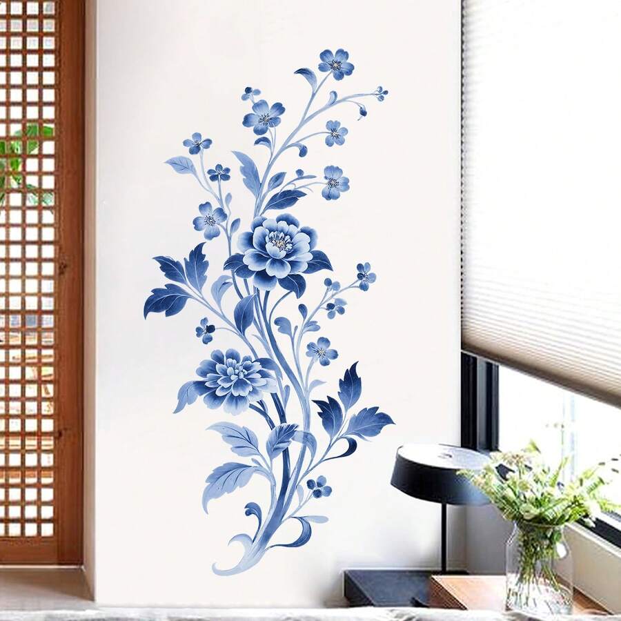 1件蓝色美人鱼雏菊牡丹花墙贴，Sacinora水彩花卉艺术乙烯基墙贴，金色花朵可移除乙烯基墙贴，适用于客厅卧室、家居装饰、墙面装饰 - 彩色 - 查看 1