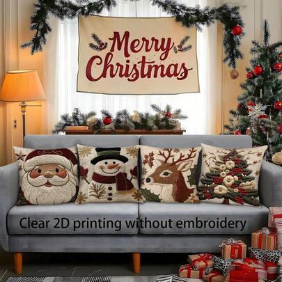 4 piezas Fundas de almohada suaves y cómodas de poliéster con estampado de Papá Noel feliz, árbol de Navidad, muñeco de nieve y reno, de 45x45cm (17.72x17.72 pulgadas), con cierre de cremallera, lavables a máquina, adecuadas para la decoración del hogar, sala de estar, dormitorio, porche, jardín, exterior, decoración navideña de invierno (solo fundas, inserto no incluido)