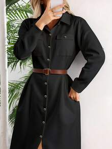 VESTIDO LARGA UNICOLOR PARA MUJER,VESTIDO CAMISERO MANGA ENROLLADA,VESTIDOS CON BOTONES DELANTEROS Y CINTURÓN - Negro - Ver 7