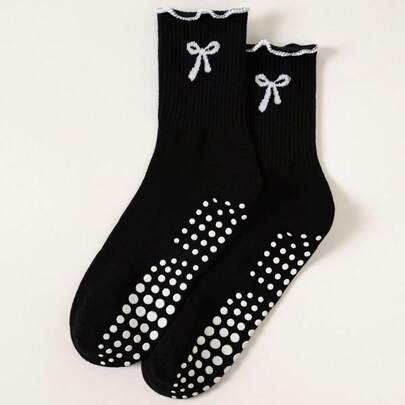 Non-Slip Yoga Socks For Women - Black Long Leg Athletic Socks With White Bow, Breathable Comfort For Pilates, Fitness, Dance, Outdoor Sports, Ideal Gift All Season Wear