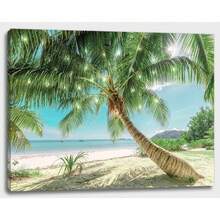 Impresión de arte de pared en lienzo de Navidad 2025 de 12" X 16" con temporizador | Diseño con iluminación LED - Playa Palmera - Ver 1