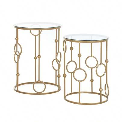 HOMCOM 2-Piece Coffee Table Set, Side Table With Glass Top, Living Room Table With Wheel And Ball Design Ø41 X 57, Gold On Site