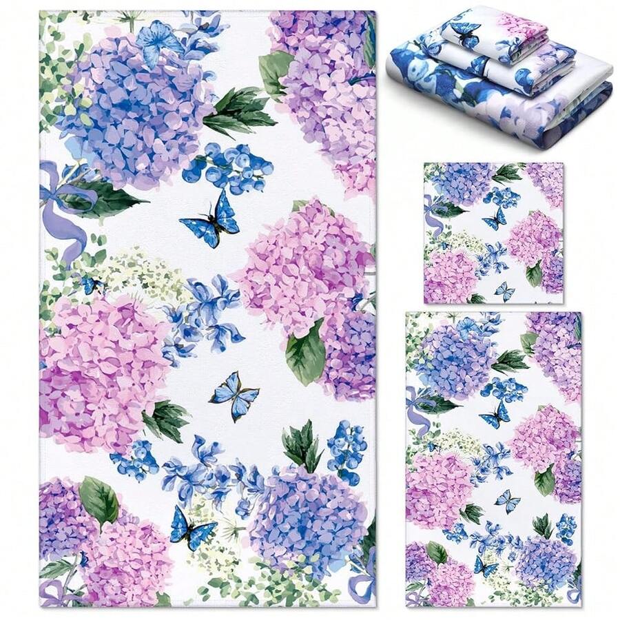 3 Pack Hydrangea Bathroom Towels Butterfly Bath Towels Summer Floral Hand Towels Hydrangea Dish Towels Absorbent Soft Fingertip Towel For Bathroom Kitchen Hotel Beach Home Gym Spa{Inchcolor_nameinch:InchPurpleinch,Inchstyleinch:InchBlueinch} - BlueBlue - 查看 1
