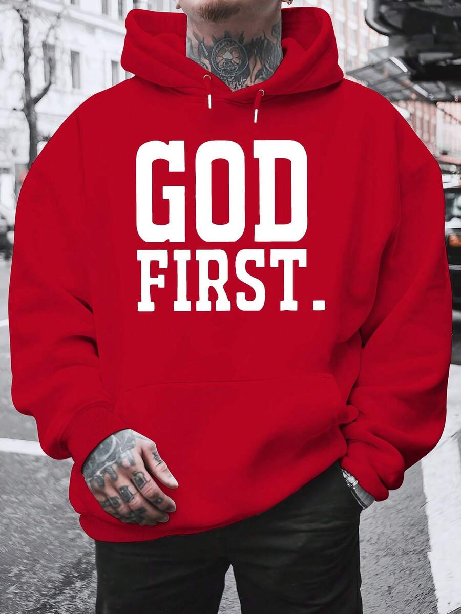 Men's Loungewear Graphic Hoodie For Men "God Ro" - Casual Fleece Sweater With Bold Letter Print, Long Sleeve, Hoodie For Autumn And Winter, Black, Everyday Sweatshirt| Hoodie| Soft Texture, LARGE SIZE, Plus SizeLoose And Comfortable - [紅色的] - 查看 1