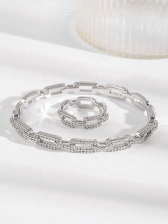 1 set de pulsera y anillo con hebilla simple de circonitas de doble hilera, estilo europeo y americano, chapado en oro de 14 quilates, estilo vintage, para mujer.