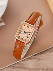 1 pieza Reloj analógico de cuarzo, esfera con números romanos cuadrados, reloj formal vintage, reloj de pulsera decorado con rhinestones - Marrón - Ver 3