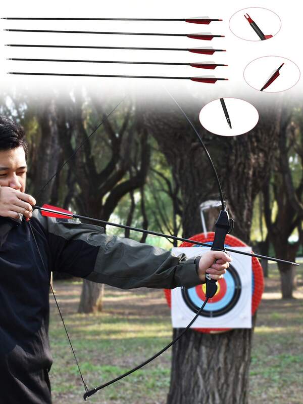 5pcs Outdoor Hunting Archery Supplies Real Feather Arrows, Available In Pure Carbon And Mixed Carbon, Suitable For Traditional Compound Bows, High-End Archery Accessories, Essential For Bow Enthusiasts, High-Quality Arrows, Competition Use