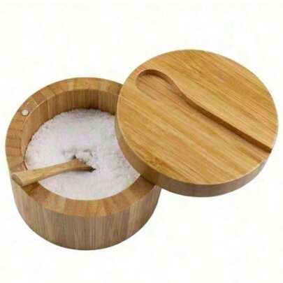 Bamboo Spice Jar With Spoon And Rotating Lid. Bamboo Spice Pot With Magnet And Suction. Individual Salt Container. Food, Cooking, Baking, Seasoning, Spices, Parties, Travel, Kitchenware, Cookware, Kitchen Accessories.