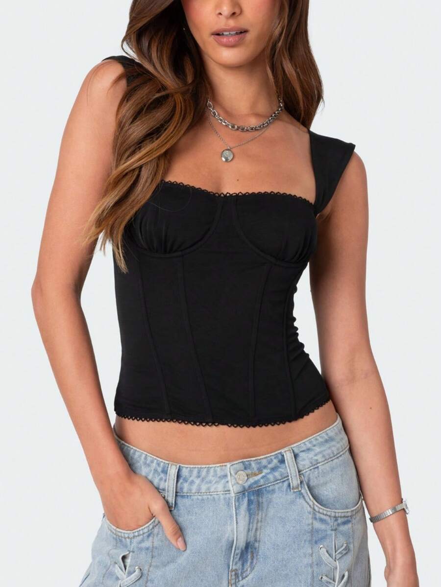 Women Polka Dots Crop Tops Y2k Sleeveless Open Back Slim Fit Solid Color Cropped Tank Tops Aesthetic Backless Cami Tops Summer Cute Going Out Tops Casual Streetwear - 黑色 - 查看 1