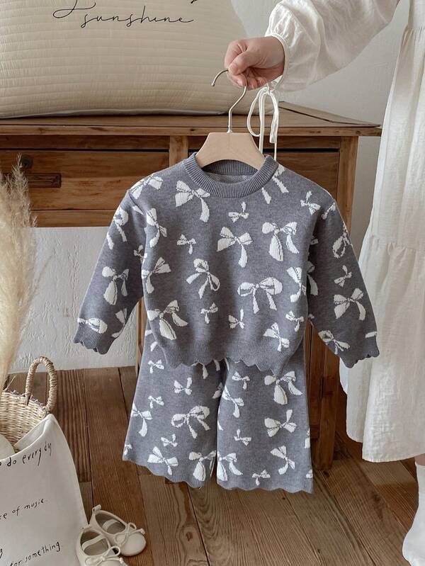 طقم بنطلون وسترة مزركشة مع ربطة عنق للبنات الرضع على الطراز الكوري، 2 قطعة