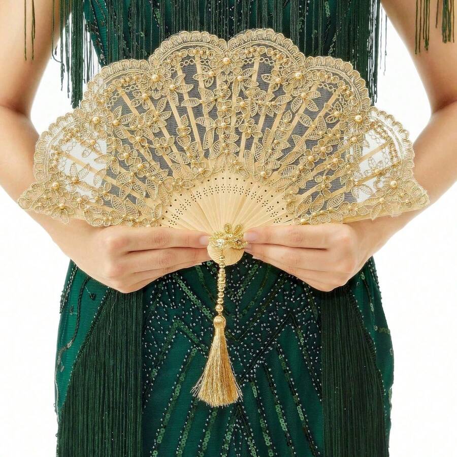 NEW-Lace Hand Fan Non-Foldable Vintage Bridal Handheld Fans With Rhinestone And Embroidered For Wedding Decoration Dancing Party (Gold) - C-vàng - Xem 1