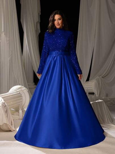 Women's Plus Sequin High-Neck Long-Sleeve Satin Evening Gown – With Satin Waist Belt With Square Buckle, Full Draping Floor-Length Skirt – Ideal For Weddings, Gala Dinners, Red-Carpet Events & Upscale Parties