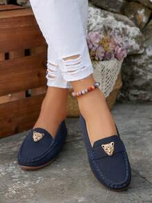 Women's Versatile, New Comfortable Soft-Sole Flats, Suitable For Outdoor, Home, Office, Vacation Wear, Bohemian, Elegant, Animal Pattern Metal Decor, Fashionable Casual Loafers - Navy Blue - View 4