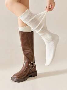 1pair/3pairs Random Lace Trim Calf Socks For Women, Autumn/Winter Japanese Style Mid-Calf Socks, Comfortable & Versatile To Pair With Boots - Multicolor - View 4
