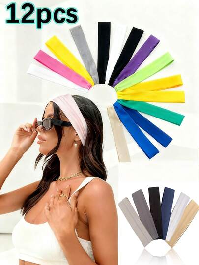 12条/包 夏季运动瑜伽头带 女士简约可调节男士跑步吸汗弹力发带 纯色头带