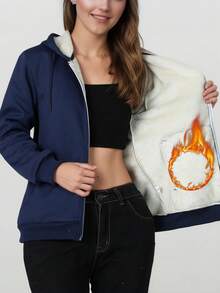 女士保暖连帽拉链外套 - 带口袋的保暖运动外套，适合跑步、健身、休闲、户外、冬季穿着 - 藏蓝色 - 查看 3