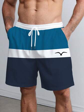 Herr Plus Size 3D Tropical Seagull Colorblock Grafiskt tryck Hawaii Theme Beach Shorts, Casual Snabbtorkande Dragsko Midja Sommarlovskläder