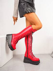 女士圆头厚底高跟系带弹力踝靴，粉色和黑色，秋冬款 - 紅色 - 查看 4