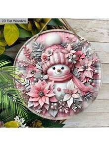 1 pieza Placa decorativa de madera rosa con diseño de muñeco de nieve 2D y texto "Feliz Navidad", decoración navideña ideal para colgar en la pared de la puerta principal