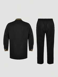 2pcs/Set Men's Dashiki, Black Blazer With Trouser, Golden Embroidery, Long Sleeve, Stand Collar, Elastic Waist Pants, Men's Matching Set, African Clothing, Men's Casual Shirt And Pants 2-Piece Set, New Style For All Seasons, Suitable For Parties, Galas, Weddings, Cultural Events, Traditional Ceremonies - Black - View 5