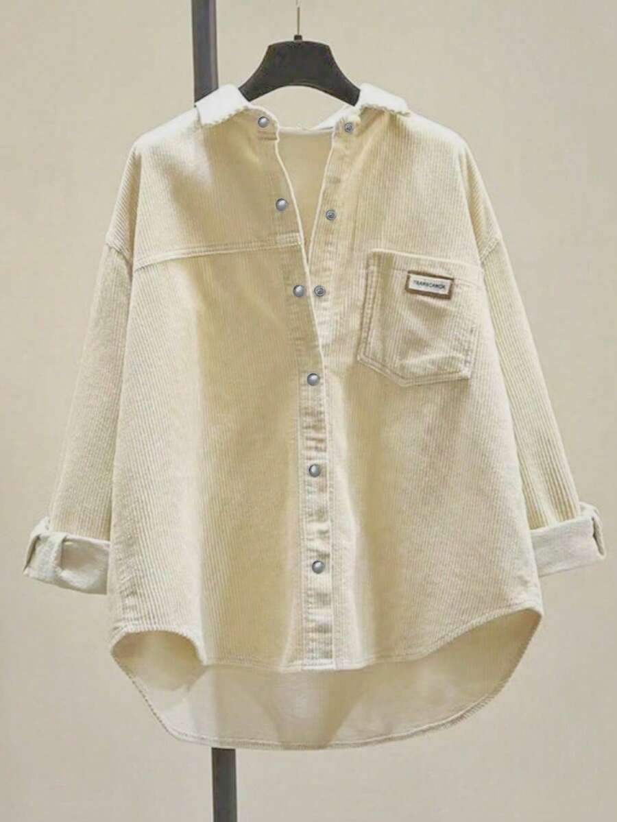 女式灯芯绒纽扣衬衫宽松休闲长袖时尚开衫夹克 2025 秋季超大码衬衫上衣 - 杏色 - 查看 1