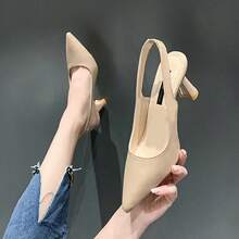Sandalias francesas de punta abierta y talón abierto para mujer Novedades primavera/verano Zapatos de tacón alto con pliegues Zapatos de tacón grueso con tiras Zapatos de tacón de aguja para mujer Sandalias de tacón fino con pliegues Zapatos de tacón bajo y talón abierto para mujerZapatos de tacón alto - Albaricoque - Ver 4