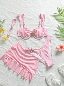 3 件套纯色褶皱分体泳衣套装，配有可调节宽肩带和钢圈设计，为女性带来舒适支撑，打造时尚海滩风格，非常适合夏季海滩和泳池派对 - 粉色 - 查看 3