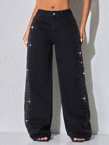 低腰阔腿休闲黑色斜口袋曲线女式牛仔裤，重珠饰 - 黑色 - 查看 4