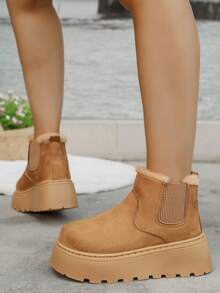 2025 Winter New Thick Thermal Lined Fashion Versatile Solid Color Elastic Chelsea Series Comfortable Soft Warm Anti-Cold Slip-On Snow Boots,Fur Boots - Camel - View 2