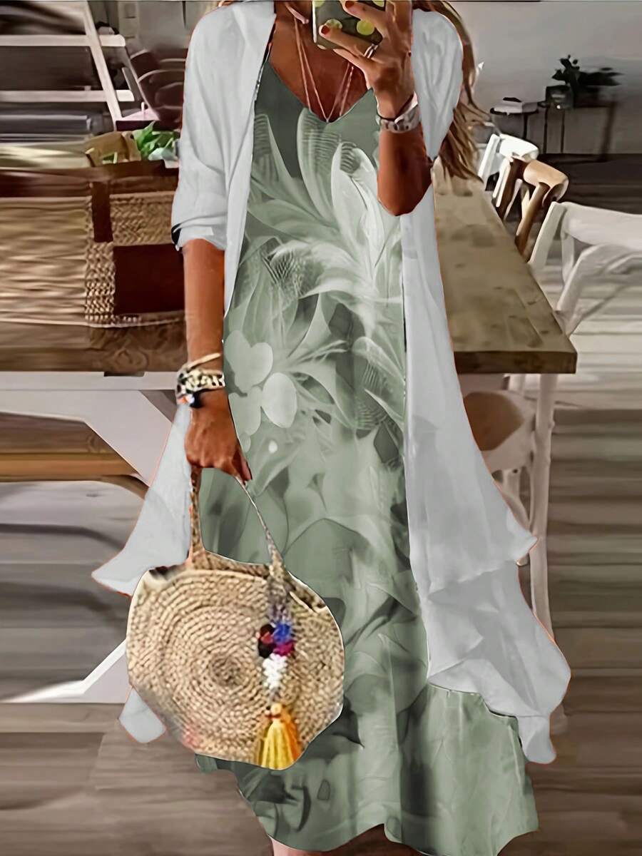 Đầm không tay họa tiết lông vũ cổ chữ V thanh lịch dành cho nữ cỡ lớn kèm áo khoác cardigan chiffon tay 3/4, trang phục hai mảnh, phù hợp cho mùa xuân, hè, thu - Xám - Xem 1