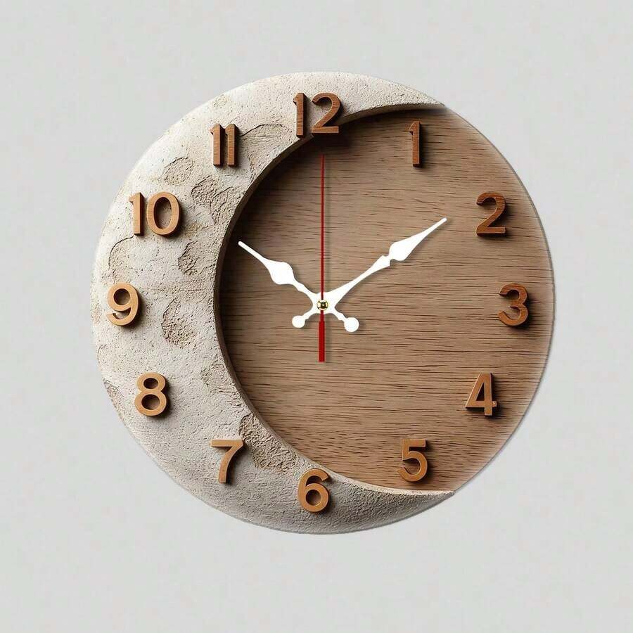Wooden Clock Moon - Themed Wooden Round Wall Clock Minimalist Decor Home Living Room Wall Art Decor Wooden Silent Non-Ticking Wall Clock, Battery Powered, Decoration 2025 - 黑色 - 查看 1