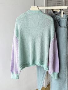 Plus Size Women Color Block Cardigan Sweater, Short Buttoned Contrast Stitching Design Knit Top, Casual Long Sleeve Ribbed Trim Crew Neck Pullover - Lilac Purple - View 4