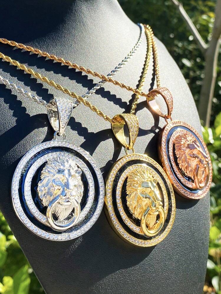 DUBSS 1 Piece Iced Out Lion Head Lock Circle Necklace Pendant For Men 5A Cubic Zirconia Gold Plated Hip Hop Jewelry - Animal - View 9